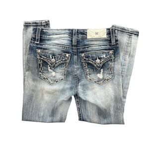 Miss Me Metallic Stitch Bling Flap Pocket Distressed Skinny 27